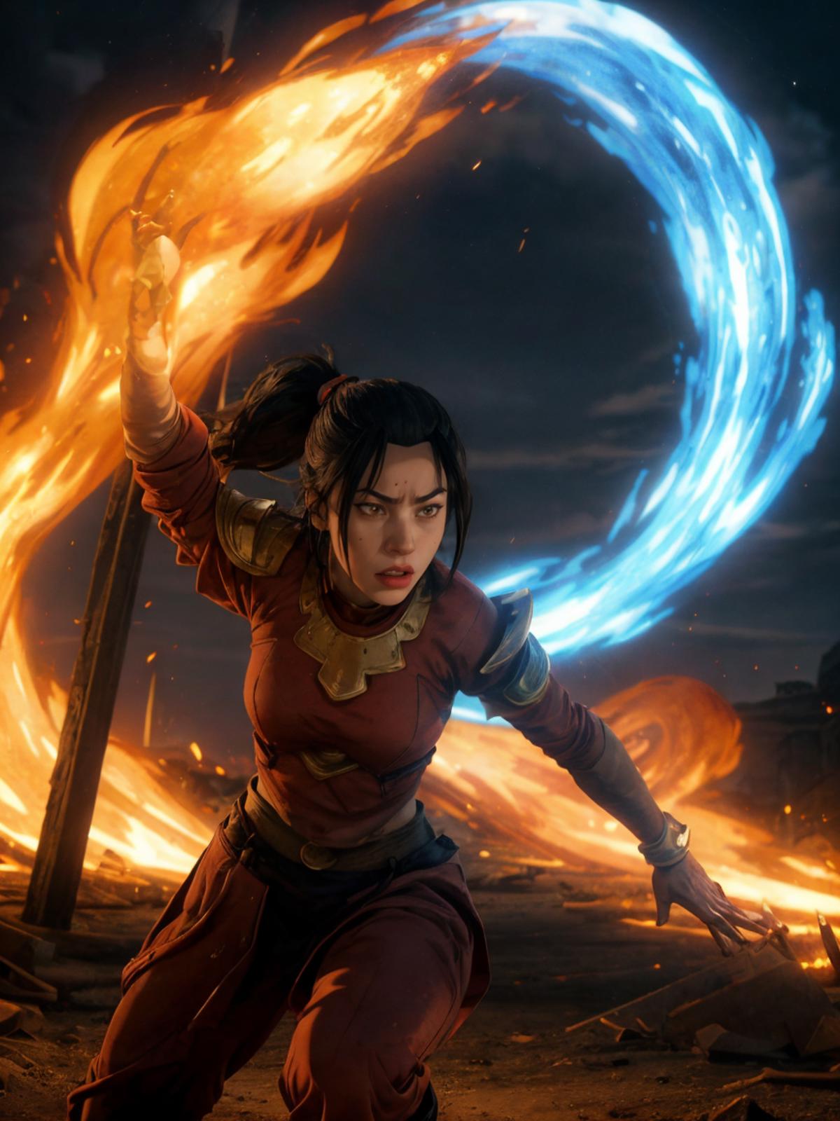 A woman in a red shirt and ponytail is surrounded by blue and orange flames.