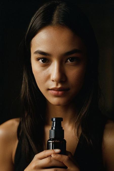 In a low-key style with the grainy texture of expired film, the photo offers a close-up view from above of a photo-realistic close-up medium shot of a beautiful girl's figure standing tall, depicted in full body, gently cradling a perfumed bottle. The attention to detail captures every nuance of the subject's features and attire, creating a lifelike representation that almost breathes with realism. Against the backdrop of vibrant neon signage, the scene comes alive with a juxtaposition of warmth and urban energy. The subject's expression exudes a sense of calm amidst the bustling cityscape. Bathed in the dim neon-colored light of a blacked-out large window showcasing the city's glowing neon signs, the scene is a captivating mix of dramatic shadows, a washed-out color palette, and a shadowy ambiance reminiscent of a Kodak Portra 800 night shot.