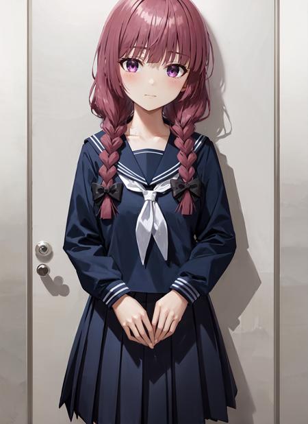 masterpiece, best quality, ultra-detailed, illustration, 1girl, solo, looking at viewer,  <lora:hiroi_kikuri-v10h:0.9>, hiroi kikuri, purple hair, twin braids, hair over shoulder, hair bow, black bow, black serafuku, black shirt, black sailor collar, long sleeves, white neckerchief, collarbone, black skirt, pleated skirt, purple eyes, ringed eyes, loafers, shy, nervous