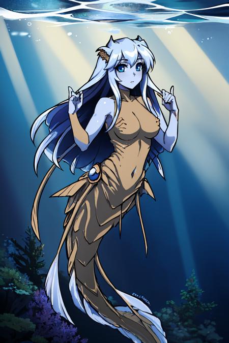 anahita, monster girl, mermaid, (blue skin:1.1), fins