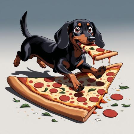 illustration in DD4Ced-STV1.0 artstyle that features a dachshund running away with a big slice of pizza in his mouth