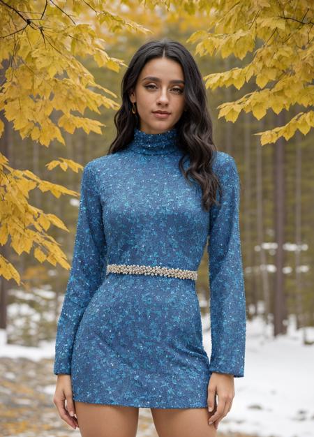 <lora:ZH_CGuetta_v1:1> zh_cguetta
(smiling:0.9), medium length black hair, hair flowing in the wind
(vibrant vivid colors)
(surrounded by summer leaves)
(upper body shot:1.3) (close up shot)
Snowy path in Lapland, Finland, leading to a solitary reindeer
a sapphire-blue harem pantsuit with a sheer, beaded bodice. (turtleneck dress)