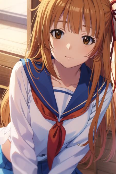 akemisumizome, <lora:akemi sumizome s1-lora-nochekaiser:1>,
akemi sumizome, long hair, orange hair, (brown eyes:1.7), ribbon, hair ribbon, bangs, blunt bangs, hime cut, smile,
BREAK skirt, school uniform, serafuku, blue sailor collar, shirt, white shirt, long sleeves, blue skirt, neckerchief, red neckerchief,
BREAK indoors, classroom,
BREAK looking at viewer, (cowboy shot:1.5),
BREAK <lyco:GoodHands-beta2:1>, (masterpiece:1.2), best quality, high resolution, unity 8k wallpaper, (illustration:0.8), (beautiful detailed eyes:1.6), extremely detailed face, perfect lighting, extremely detailed CG, (perfect hands, perfect anatomy),