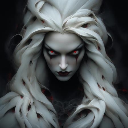 evil goddess with white long hair and red eyes with broken face. Black long dress in foreground. evil face, realistic face. face half in shadow, dimly lit, cracks on face. dark background hyperdetailed face, complex, symmetrical face, sharp focus, perfect, model, textured, detailed eyes, professional make-up, rough, gritty, gentle, figure in frame, ultra-detailed, cinematic lighting, hyper-realistic illustrations, ultra-detailed, photorealistic painting