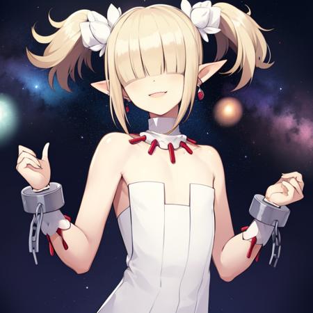 Clergy,flat chest ,pointy ears, short twintails ,hair over eyes ,blonde hair, jewelry. smiling, healing hands, green aura
ClDres,bare shoulders ,cuffs ,white strapless dress ,shackles, 
outer space, open church, milky way,
(insanely detailed, beautiful detailed face, masterpiece, best quality)     <lora:Clergy:0.8>