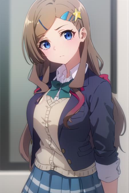 airiseto, <lora:airi seto s2-lora-nochekaiser:1>,
airi seto, long hair, blue eyes, brown hair, hair ornament, very long hair, hairclip, star \(symbol\), star hair ornament,
BREAK skirt, bow, school uniform, jacket, cardigan, blue skirt, (red jacket:1.2),
BREAK indoors, classroom,
BREAK looking at viewer, ()
BREAK <lyco:GoodHands-beta2:1>, (masterpiece:1.2), best quality, high resolution, unity 8k wallpaper, (illustration:0.8), (beautiful detailed eyes:1.6), extremely detailed face, perfect lighting, extremely detailed CG, (perfect hands, perfect anatomy),