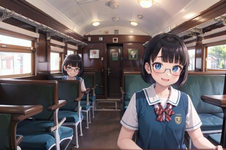 best quality, ultra-detailed, illustration,
oha35, train interior, scenery, chair, sunlight, window, indoors, seat, wooden floor, ceiling, ceiling light, 
multiple girls, glasses, bob cut, school uniform, black hair, school bag, smile, laughing, looking at viewer, 
 <lora:JNR_oha35_SD15_V4_DIM4:1>