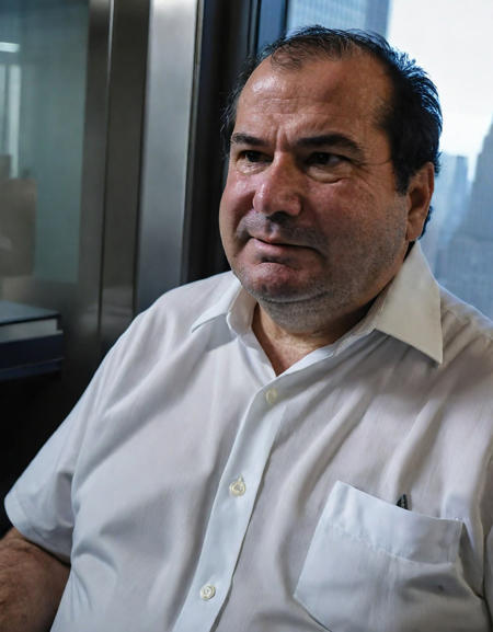 <lora:pytorch_lora_weights:1> Elderly Marcos Souza 60 years old, Receding hairline, chubby, face with deep wrinkles, slightly at the back of the head, chubby face, office no 20 floor of a building in New York City, Marcos, the owner of a mega-company, is having a furious conversation with an employee. Marcos is shouting angrily at his employee in his office on the 20th floor of a building in New York City