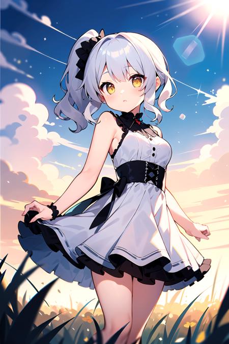 masterpiece, best quality, cute, petite,
medium hair, silver hair, yellow eyes, wavy hair, side ponytail, medium breasts, dress, gothic,
field, sun, cloud, lens flare,