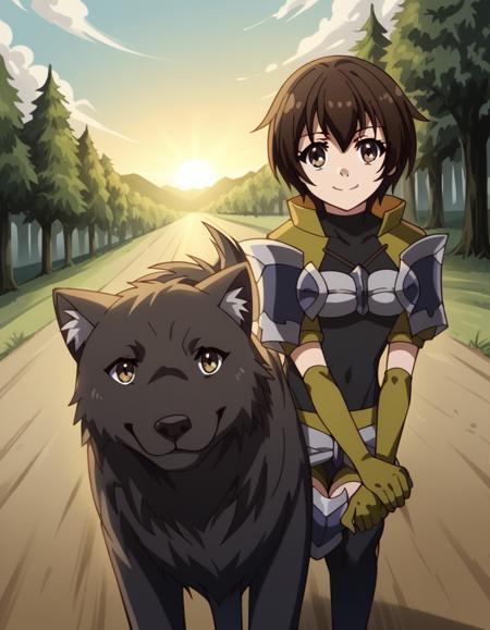 rion, short hair, brown hair, brown eyes, thighhighs, gloves, elbow gloves, armor, shoulder armor