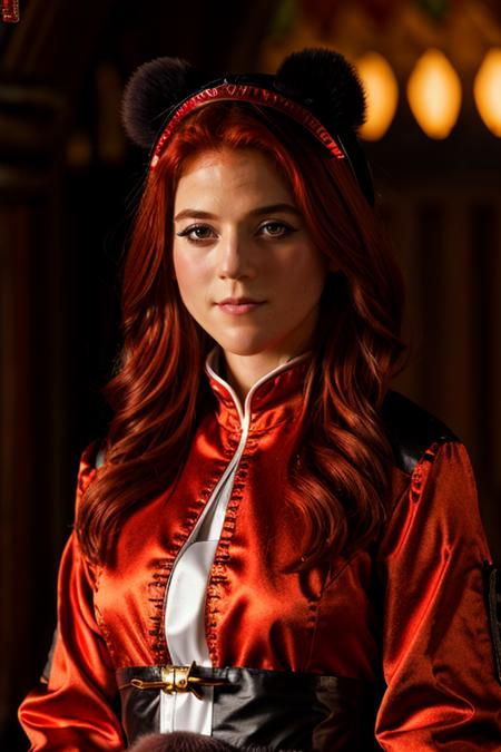panda costume ,  castle , evening <lora:Rose_Leslie:1> masterpiece, best quality, detailed face, a mature r1873l, 1girl, solo, red hair,