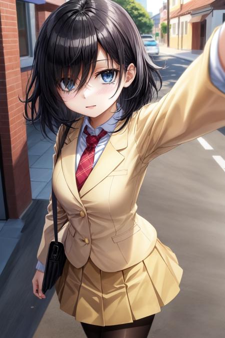 1girl, (masterpiece:1.3), (high resolution), (8K), (extremely detailed), (4k), (pixiv), perfect face, nice eyes and face, (best quality), (super detailed), detailed face and eyes, (solo), textured skin, <lora:tomoko_kuroki-08:0.7>, tomoko, hair over one eye, bags under eyes,black hair, school uniform, black pantyhose, red necktie, yellow skirt, pleated skirt, yellow jacket, outdoors, (pov:1.3), (selfie:1.3), street, <lora:more_details:0.5>