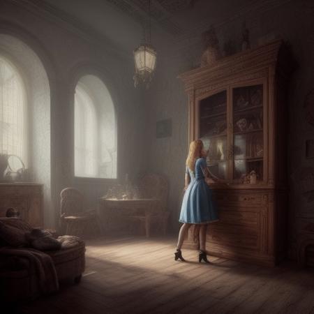an award winning, best quality, photography of a heavy nightmare Version of alice in Wonderland, photorealism, fantasy, dynamic lighting, very high detailed , different scene from story