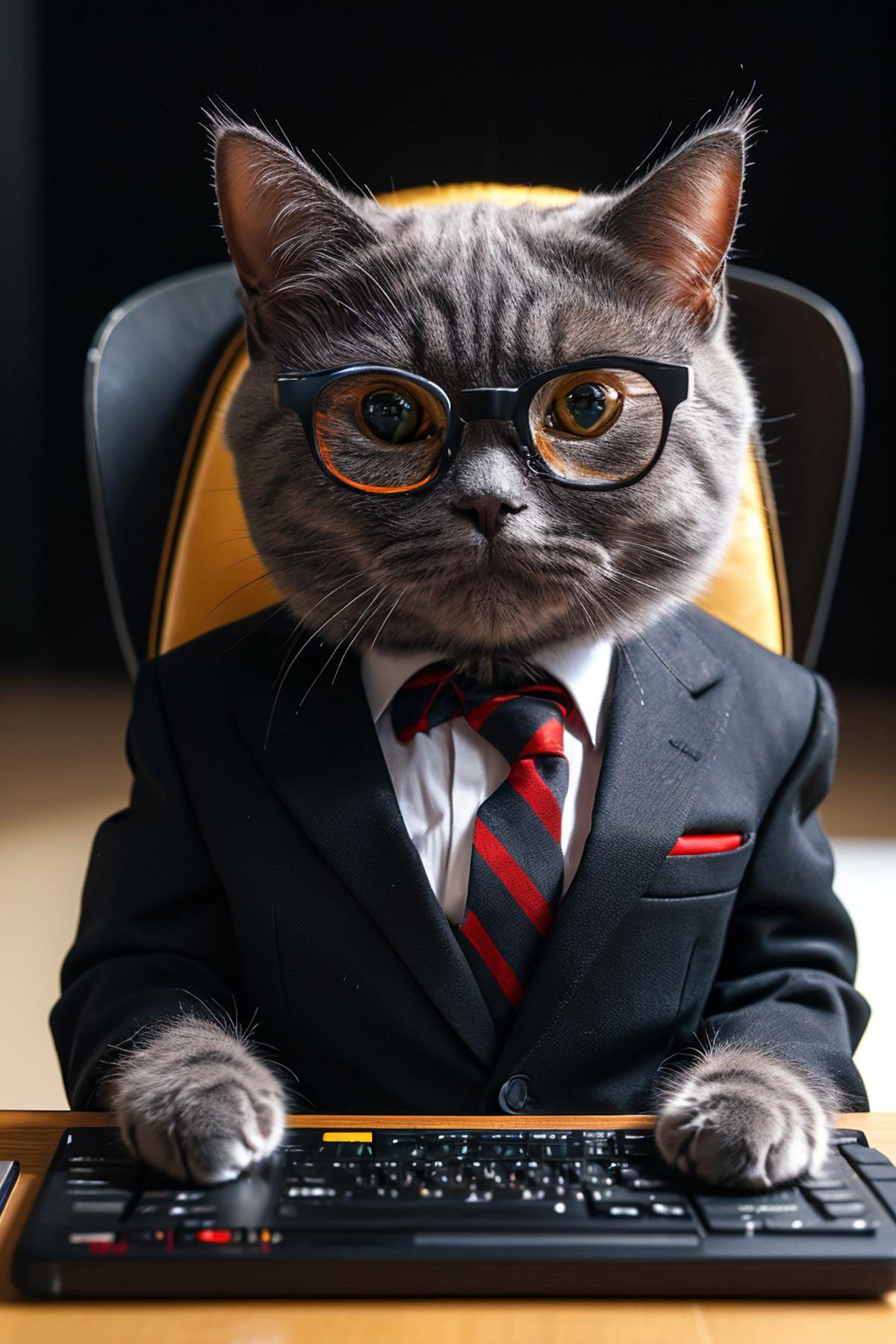 A cat dressed in a suit and glasses sitting in a chair.