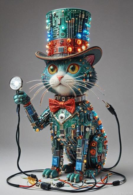 embedding:lazmpos, Transistors, pcb_style, LED, colorful LED lights, RGB lights, red green and blue cat, art deco, top hat, cane, monocle,RetroBG