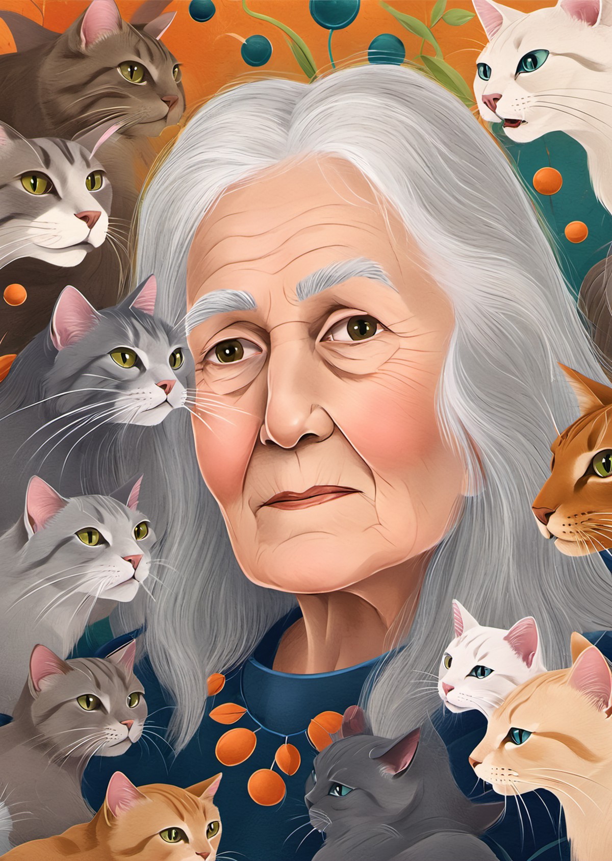 modern illustration of an old woman with silver hair, surrounded by cats , fantastical, magical, intricate, natural lighting