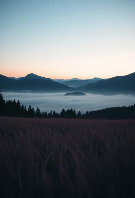 A tranquil landscape featuring a gradient sky transitioning from pale blue at the top to soft pink near the horizon. In the foreground, a field of tall grass exhibits hues of muted pink and purple. Rolling mountains rise in the background, shaded in soft blues and grays, while dense evergreen trees border the scene, creating a peaceful, serene atmosphere at dusk. highly detailed and hyper realistic photo, by Alena Aenami , by Archibald Thorburn , by Daniele Afferni , in the style of  monochromatic silhouette reflection,  limited dark palette, unusual dark colors, faded colors, atmospheric haze, highly dramatic cinematic lighting, motion blur, film grain,  professional, excellent composition, finest details, maximized details, ultimate detail level, masterpiece, best quality
