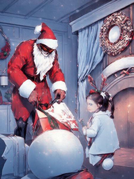 xmas_style_2K24,
A cyborg santa claus, his eyes blazing a firey red, is puting presentrs under the christmas tree in an extravagant home while a young girl in fluffy bunny pyjamas looks on in amazement