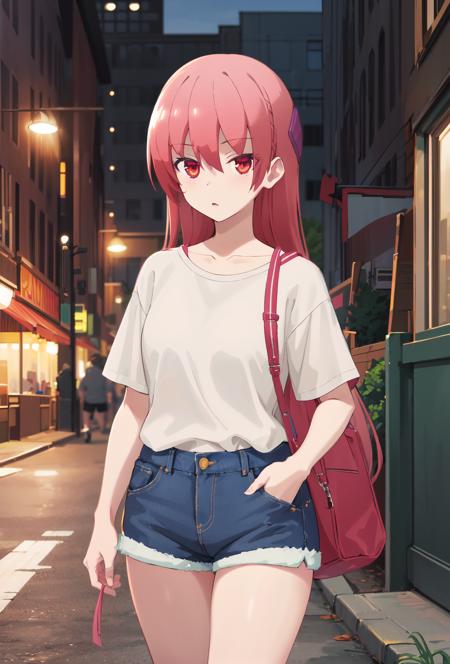 outdoor background, (masterpiece:1.2), (best quality:1.15), extremely detailed, perfect lighting, (alternate costume), (White shirt:1.2), female shirt, shorts, denim shorts, short sleeves, tsukasa, 1girl, solo, <lora:[Anime] Tsukasa Tokinawa A:0.8>