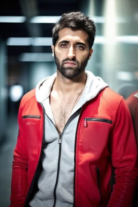 Thomas Middleditch a man <lora:akshay-oberoi_Thomas-Middleditch:1>, realistic photo in a worn ((skin-revealing skimpy erotic red tracksuit, massive hairy pecs)), big pecs, big arms, bulge, VPL, ((light bokeh)), intricate, (steel metal [rust]), elegant, erotic, exuding sexual energy, homoerotic, sharp focus, photo by greg rutkowski, soft lighting, vibrant colors, (masterpiece), ((streets)), (detailed face), looking at viewer, light smile, night, walking towards viewer, cinematic lighting, beautiful lighting, cinematic lighting, (hazy filter, film grain:1.2)