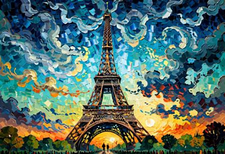 eiffel tower, digital painting, silhouetted figures, moody atmosphere, warm and cool color contrast, masterpiece by van gogh, 4k textures, ultra detailed