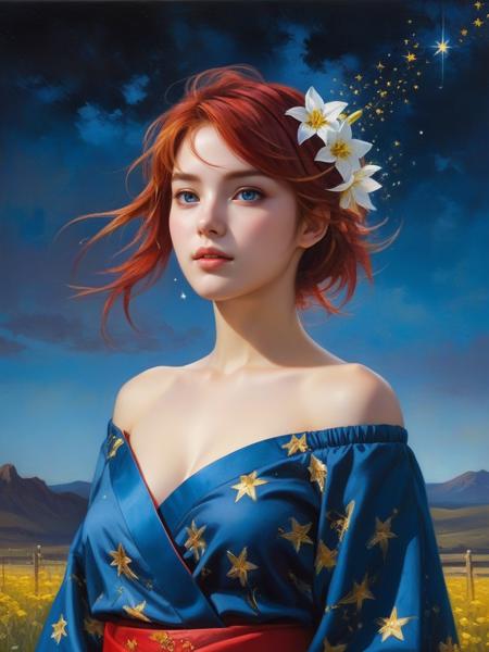 <lora:07RomanticismArt_Hap_XL:3.1>, romanticism oil painting,   (masterpiece, best quality, detailed, detailed background, dynamic pose), official artwork, 1girl, solo, heterochromia, beautiful detailed eyes, yellow eye, covered sky-blue eye, glowing eyes, (red hair, short hair, messy hair, hair over eye, ahoge), smirk, flower hairpiece, black kimono with red accents, bare shoulders, off-shoulder, (night sky background, stars and shooting stars), looking upwards, summer festival, starry night, cowboy shotï¼