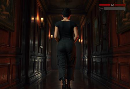 masterpiece portrait of woman walking down a mansion hallway::1.4, video game concept art style::1.2, semi-realistic 3D render art::1.1,
(physical description: pudgy build, not skinny or obese, sturdy posture, mature proportions, hands clasped behind back:1.1),
(facial features, expression: not visible, back-facing view:1.0),
(clothing details: dark fitted top, long skirt or tactical cargo pants, utilitarian footwear:1.0),
(accessories: none visible from rear view:0.9),
(background setting: richly decorated dimly lit hallway in a vintage mansion, with wooden wall panels, sconces, and antique paintings:0.9),
(lighting style: moody cinematic lighting with warm shadows and directional highlights from wall sconces:0.8),
(composition and camera framing: third-person video game view from slightly behind and above, full body shot, centered in frame:1.0),
(emotional tone or theme: immersive, suspenseful, exploratory atmosphere:0.9),
(technical execution: includes a video game-style HUD with red health bar in the top right corner and a minimap with icons in the lower left:0.8)