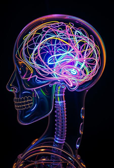 "Hyper-realistic, futuristic portrait: a person's head, crafted from transparent, flawless glass, is viewed from the side, revealing the intricate, neon-lit brain within. The brain's glass tubing network pulsates with vibrant, electric colors, as if alive, with delicate, swirling patterns of blue, green, and purple light dancing through the transparent cerebral cortex. The glass skull is so lifelike, it appears to be breathing, with subtle, organic curves and contours that defy its crystalline composition. The overall effect is one of eerie, futuristic beauty, as if the very essence of human consciousness has been distilled into this radiant, glassy vessel. Style: extremely detailed, photorealistic, with a focus on capturing the intricate textures and luminous colors of the glass brain."