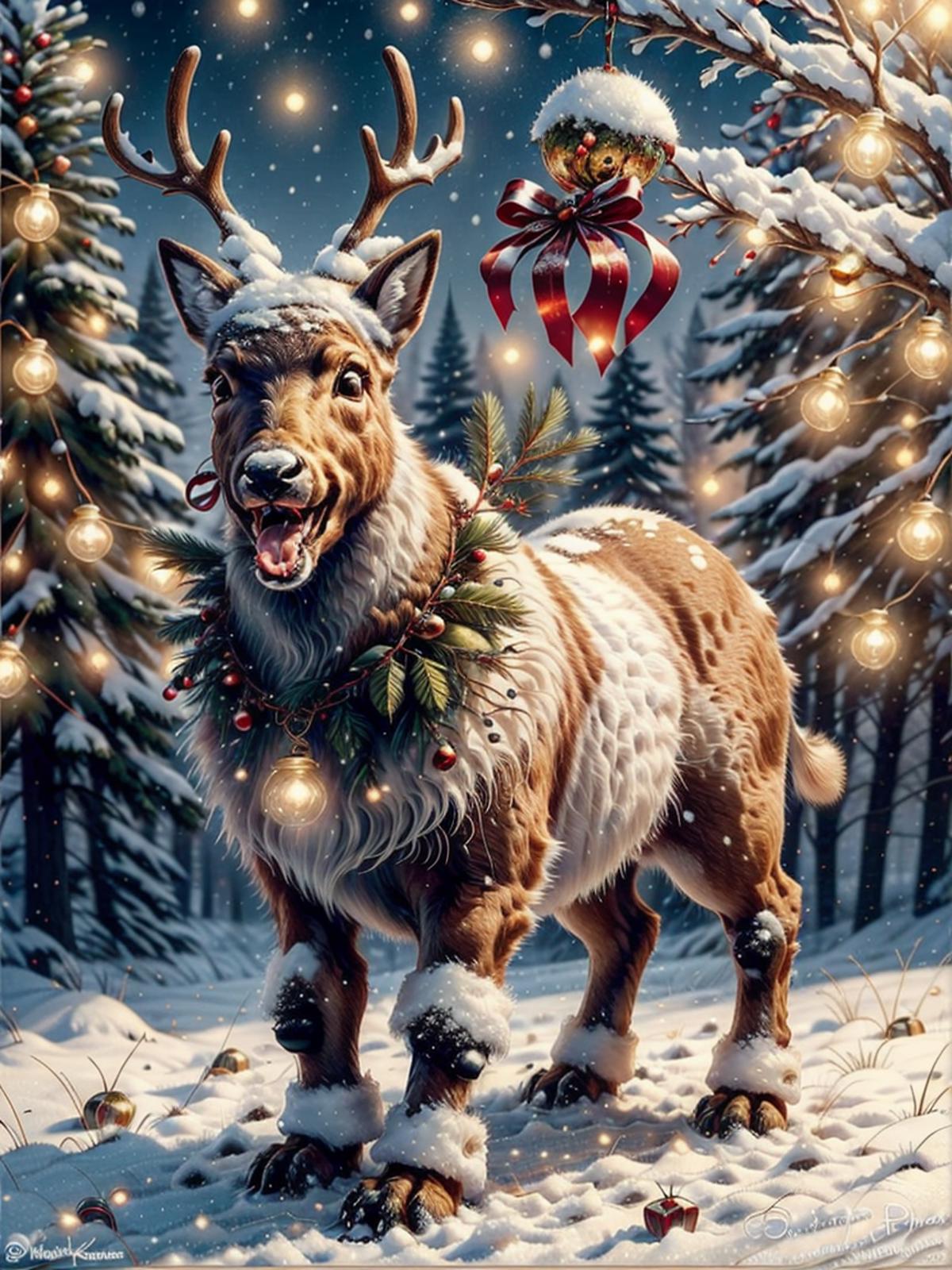 A snowy Christmas scene with a reindeer wearing a wreath around its neck.