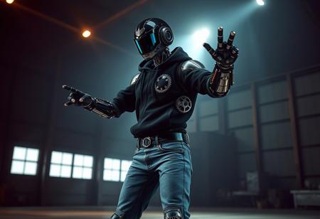 Create a high-resolution, hyper-realistic image of a Teslapunk robot. The robot should be positioned in a dark hangar, illuminated by a spotlight, and adopt an action pose. Incorporate gearwheels, glass elements, and volumetric lighting with caustics. The robot's attire should consist of jeans and a black hoodie. Apply tone mapping and film grain effect for an epic stock photo aesthetic. The image should resemble the style of Stephen Bliss, specifically his 'Tyrant' piece featured on Amiami. The output should be in 8K, with detailed post-processing and an Octane render.