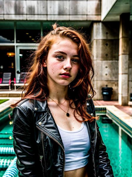 a 18 years old female teen, hair red, green eyes, wearing a black leather jacket, near a pool

RAW photo, subject, 8k uhd, dslr, soft lighting, high quality, film grain, Fujifilm XT3
