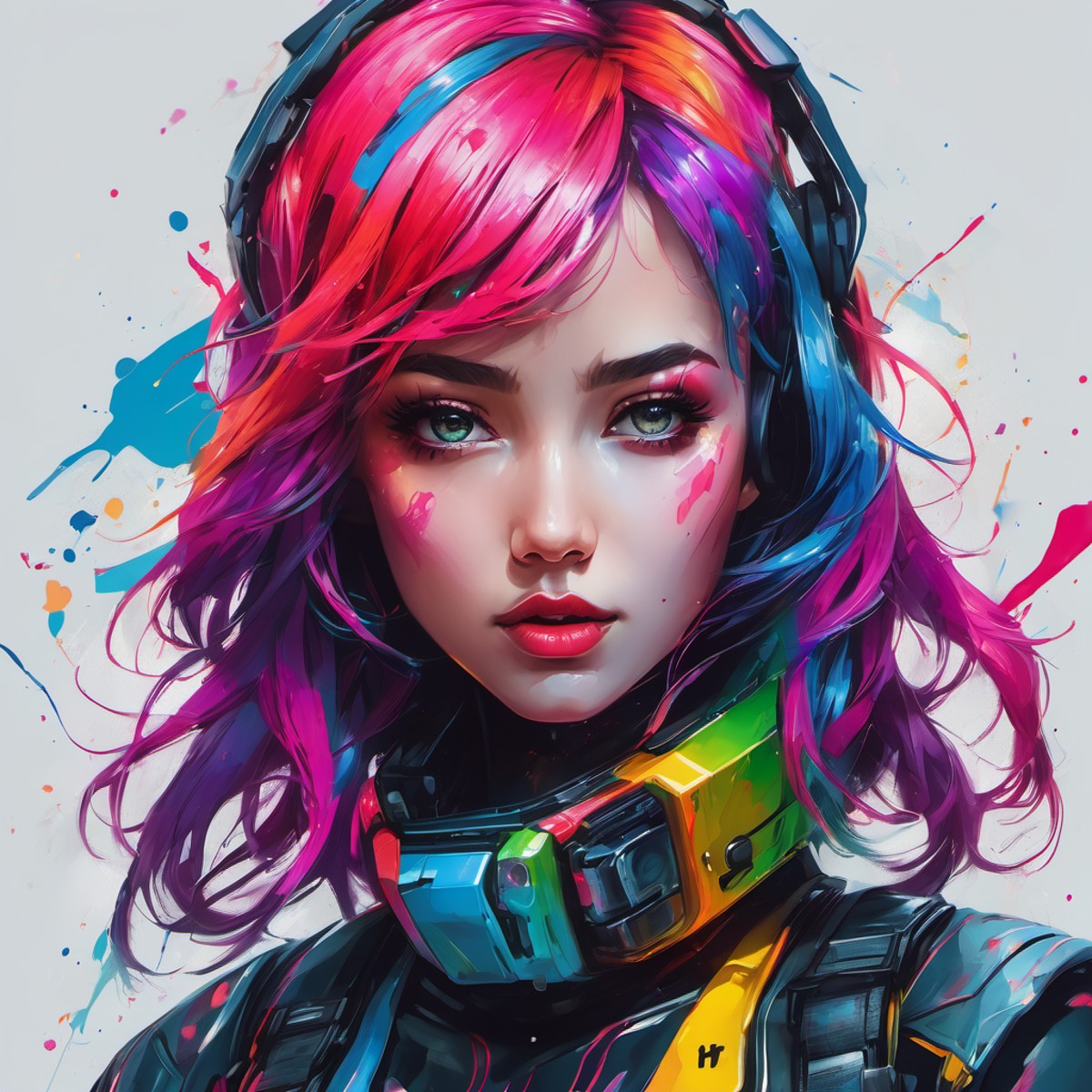 the portrait of a woman with colorful paint on her hair, in the style of cyberpunk manga, bold color palette, gothcore, ch...