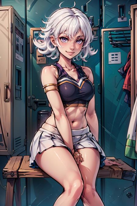 ((masterpiece,best quality)), absurdres, <lora:Lily_Everhart_v2:0.8>, Lily_Everhart, white hair, purple eyes, looking at viewer, smile,, cowboy shot, cheerleader,  crop top, midriff, miniskirt, locker room, locker, indoors, bench, sitting, crossed legs