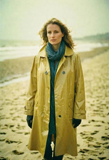 european woman 30 years, raincoat, on the beach in winter kodak gold 800 film, medium format 6x7 camera, 80mm, shadows, contact test, damaged print, faded, grainy,blurry, pixelated, motion blur, vignette, low key, warm light