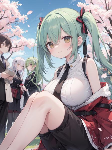 (masterpiece, best quality, highres:1.2), 4girls, gigantic breasts, twins, winter, cherry blossoms, hanami, 4k, one side up, light green hair, blunt bangs, pointy hair, dark brown eyes, hair between eyes, hetero, multiple boys, bottomless, sex, vaginal, sitting, missionary, cum in pussy, tabi, leg belt, open pants, laughing, closed mouth, from side, eye focus, looking at another