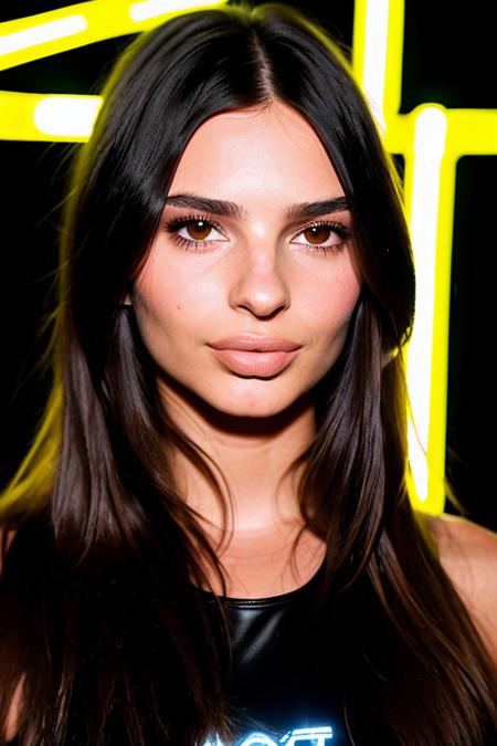 RAW photo, portrait, a close-up photo of emrata91 posing with a surprised face, neon lights in black background, (high detailed skin:1.2), 8k UHD, DSLR, soft lighting, high quality, film grain, Fujifilm XT3