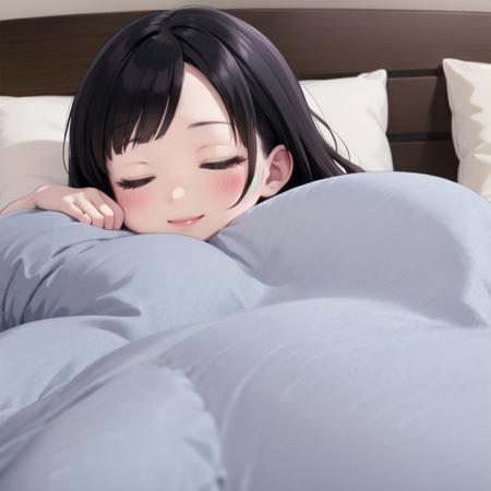 best quality, ultra-detailed, illustration, smile, 1girl, solo,
closed eyes, black hair, pillow, sleeping, bed, lying, smile, blanket, under covers, lips,
 <lora:goodsleep_SD15_V3_DIM4:0.6>