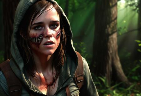 1.1), epage, Ellen Page Ellie, une fille de 19 ans de The Last of Us. Elle fuit un zombie, elle regarde par-dessus son épaule vers le zombie. (Le zombie est envahi de champignons et il lui manque un bras : 1.05). (Zombie avec des chiffons déchirés derrière Ellie. : 1.05). Le zombie est maintenu par de gros champignons, des champignons sur tout le corps. La fille Ellie porte des vêtements usés dans des tons neutres, un sweat à capuche et un jean. Ses cheveux auburn sont attachés en arrière. Sa silhouette est petite mais athlétique. Un t-shirt délavé, légèrement surdimensionné, avec un motif graphique usé ou uni, superposé sous un sweat à capuche vert terne qui montre des signes d'usure : bords effilochés, patchs et taches dus à des années d'utilisation. Son jean bleu délavé moyen est tout aussi robuste, avec des éraflures et des déchirures. Des bottes en cuir marron robustes. Un sac à dos de survie et des armes en évidence sur le côté au sol. Elle incarne un style robuste et pratique adapté à son monde rude.