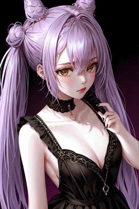 nixeu1girl, alternate costume, artist name, bangs, black dress, blush, cone hair bun, detached collar, detached sleeves, double bun, dress, ear piercing, genshin impact, hair bun, holding, holding hair, jewelry, keqing \(genshin impact\), lips, long hair, looking at viewer, manicure, nail polish, nose, piercing, solo, twintails, <lora:nixeu_offset:1>