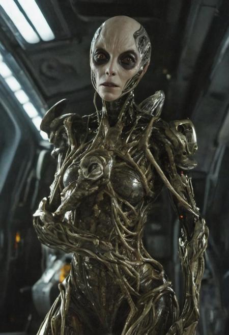 intricate cinematic movie inside spaceship, still of a female alien, cone head, big black eyes, small defined jaw, big cheekbones, with bio-metallic armor extensions, (extremely detailed pale skin with visible respiratory pores : 1.2), excessively wrinkled, powerful claws,
extremely high quality RAW photograph, exquisite details and textures, highly detailed, ultra detailed photograph, dramatic cinematic lighting, 4k,
highest resolution, (bokeh:1.3), (best quality, masterpiece:1.3), ultra high res, 16k unity wallpaper, intricate details, highest detailed, sharp focus, extreme shadow-play, low key, backlit, (filmgrain:1.3)
dramatic full body shot, wide angle view, dynamic pose, dusty atmospheric haze, mesmerizing fog, dark pastel colors, black and orange hue,
in the style of Nicola Samori
 <lora:add-detail-xl:0.8> <lora:epi_noiseoffset2:0.5> <lora:NicolaSamori:0.7>