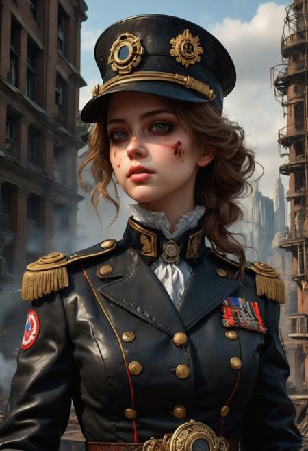 <lora:md2034:0.5> triggering, blood splatter, dystopian
poster_\(medium\),  Intense looking but cute, adorable, and attractive woman, wearing an old fashioned looking black militaristic uniform and cybernetic monocle on her left eye, smoking a 19th century Sitter-pipe, stands directly in front of big stompy battle-mechs, with an expansive cityscape in the far distant background, ((above her is an 'it's a glorious future' type emblem)),  (simple_background:1.3), symmetry,(no_humans:1.3),, (masterpiece:1.3), (best_quality:1.3), (ultra_detailed:1.3), 8k, extremely_clear, realism, (ultrarealistic:1.3),, insane details, intricate details, hyperdetailed, ultra detailed, extreme detailed, highest detailed, high_detail, epic, attention getting, hdr, photorealistic, highres, ultra_high_res, photography, aesthetic, extremely_delicate, ng_deepnegative_v1_75t, Ellis-RealismBoost, epiCRealism