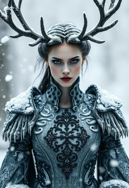The image portrays a photorealistic, ethereal figure that blends elements of nature and fantasy, embodying the essence of a winter deity or forest spirit. The central figure is a woman with pale, almost ice-like skin, her face striking and defined by sharp, otherworldly beauty. Her eyes are dark and haunting, accentuated by black makeup that creates a stark contrast to her frosty complexion. Her expression is calm yet powerful, exuding a commanding presence.
She wears a regal, intricately designed gown, adorned with frosted patterns and icicles, as though her attire is woven from the very essence of snow and ice. The fabric of her garment seems to blend seamlessly into the swirling snow around her, giving the impression that she is part of the winter storm. Her chest is highlighted by an elaborate, darkened emblem or symbol, adding to her mystical aura.The most striking feature is the large, dark, tree-like antlers that grow from her head, coated in snow and frost, further connecting her to nature and the wilderness. These antlers give her a majestic, almost animalistic quality, as if she is the embodiment of winter itself. Snow swirls around her, with branches and ice shards blending into the stormy background, enhancing the cold, wintry atmosphere. The dark, stormy ambiance adds to the sense of her being a powerful, elemental force..(8k, RAW photo, best quality, ultra high res, depth of field:1.1), (absurdres, intricate, photorealistic, masterpiece, ultra-detailed)