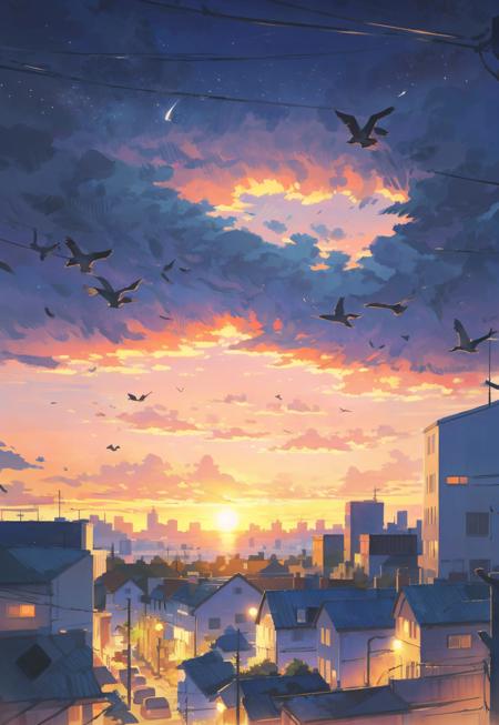 scenery, no humans, sky, building, outdoors, bird, city, cityscape, sunset, cloud,  outdoor,  (illustration:1.0), masterpiece, best quality,  <lora:Speedpainta:0.72>