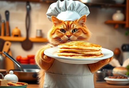 Create an image of a chubby orange cat wearing a chef's hat and apron. The cat is standing in a kitchen proudly holding a huge plate of pancakes. Surround it with kitchen utensils, such as a frying pan, whisk, and ingredients for pancakes, to create an atmosphere of culinary creativity. The lighting should be warm and cozy, highlighting the friendly and cheerful character of the cat.