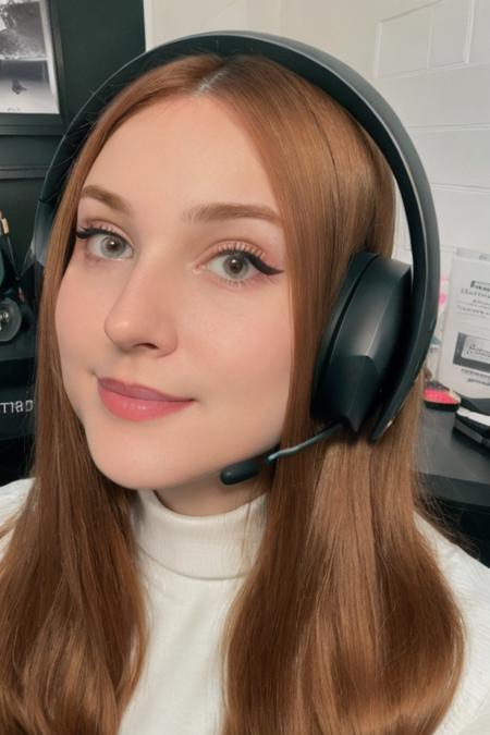 Portrait closeup photo of h4ruj199ly, white turtleneck blouse, in a bedroom, detailed face, headset, ponytail