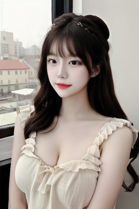 1girl,solo focus,very long hair,jewel-like eyes,window view,{correct posing},{detailed body},{correct body anatomy},(<lora:Twinkle17:1>),{extremely beautiful and delicateanime face and eyes},full_shot,(masterpiece),(best quality),(wallpaper),(8k hd),(Bright atmosphere:1.3),Fresh painting style,impasto,Flat coating,A sense of calm and tranquility,Exquisite line art,Soft shadows of clothes and hair;,Bright and airy atmosphere,Dynamic light and shadow effects,Light master,look at viewer,<lora:breastsizeslideroffset:1>,GTS,<lora:koreanDollLikeness:0.8>,