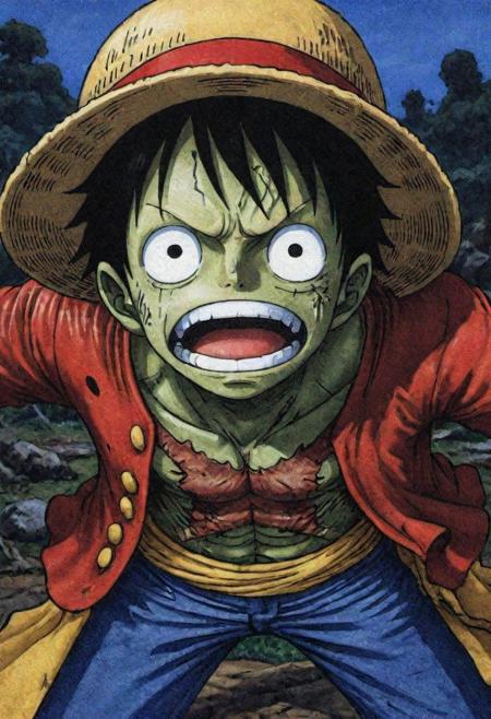 by Noriyoshi Ohrai, (ink, thick outline, comics style illustration by Moebius, milo manara, best quality, masterpiece, realistic, detailed, highly detailed face) of a haunting scene with 1( Monkey Di Luffy is Zombie:1.0) in a dark fantasy Triller bark of diablo. Emphasize eerie atmosphere, high contrast, and interplay of shadow and light, colorful, gothic horror detailed face perspective from below anime, manga, comic, illustration, style by Jesper Ejsing and Frank Frazetta,Serious , (Zombie body suit:1.2)