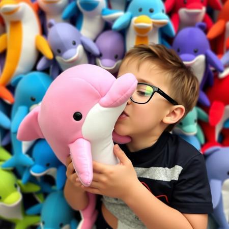 A pink dolphin kiss a boy wearing glasses, with many colorful dolphin plushie in the background.