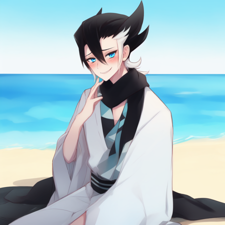 1boy, blue eyes, pointy hair, hair between eyes, black hair, white hair, two-toned hair, black scarf, white kimono