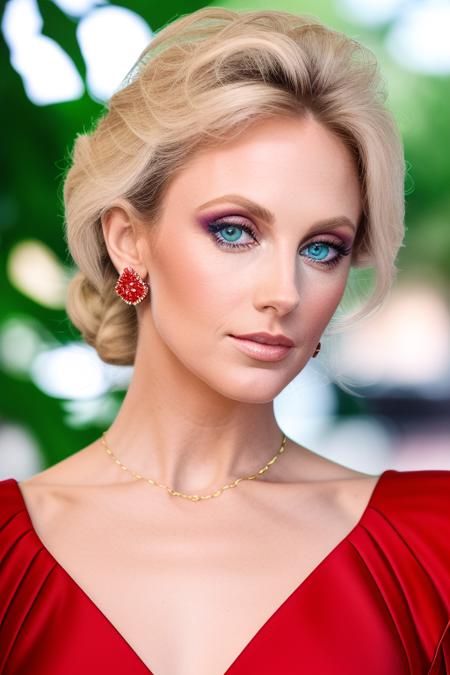 raw photo of a stunning woman, in a stunning red dress, upper body, close up, face, eyes, center frame, 8k uhd, fujifilm xt3